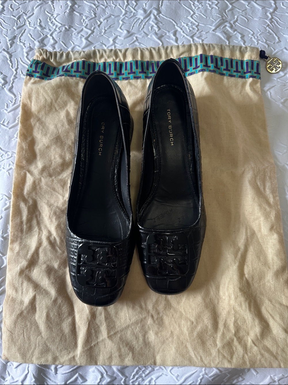 Tory Burch Black Croc-Embossed Logo Flats